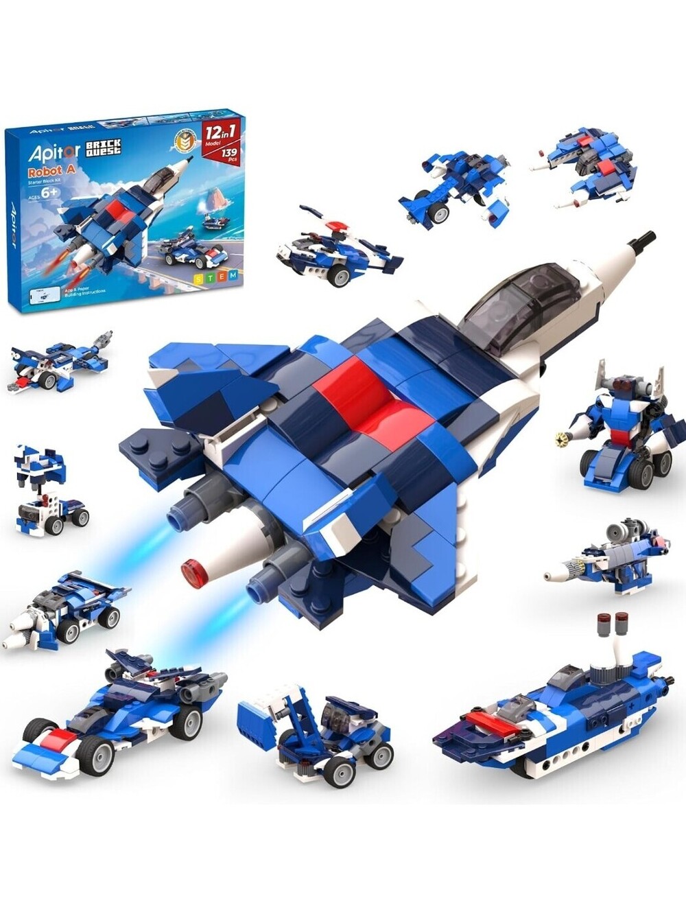STEM Building Kit for Kids Ages 6-8, 12-in-1 Jet Model, 139 Pieces